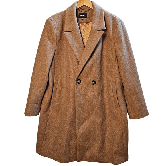 DKNY Camel Double Breasted Coat Women's XXL Tailored Wool Look Winter Overcoat